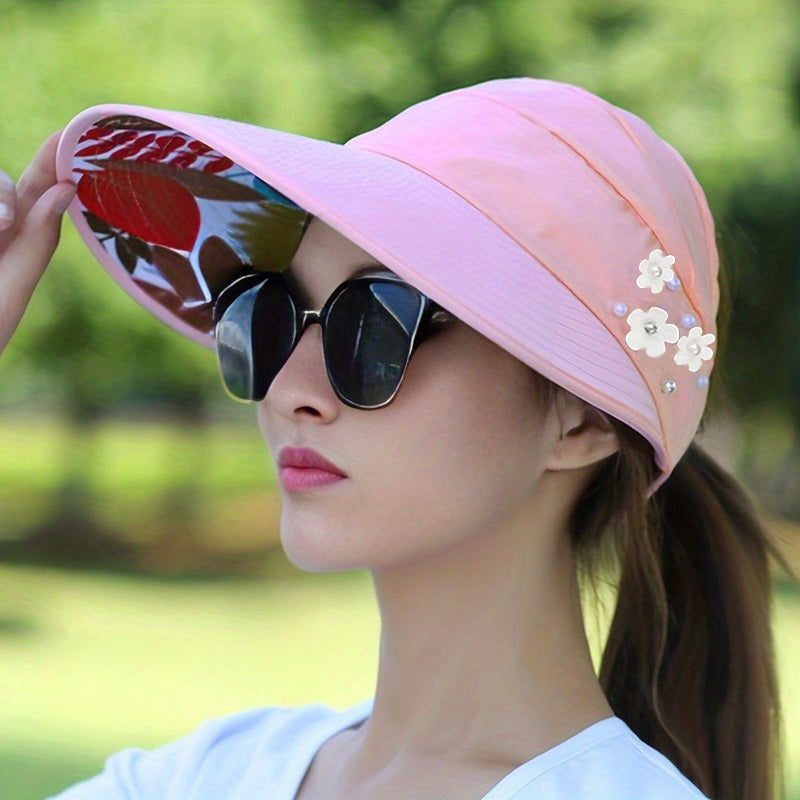 Wide Brim Sun Visor Foldable Picnic Hat Beach UV Protection Scallop Cap For Outdoor With Faux Pearl & Flower; Women's Hat & Caps Doba 4# Pink